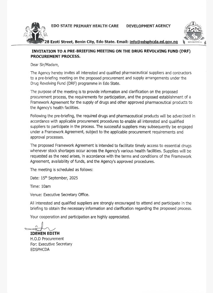 INVITATION TO A PRE-BRIEFING MEETING ON THE DRUG REVOLVING FUND (DRF) PROCUREMENT PROCESS. invitation to a pre briefing meeting on the drug revolving fund procurement process